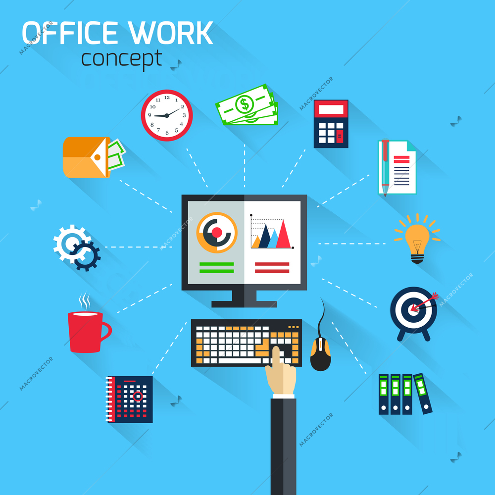 Office work concept on blue background with computer hand bulb icons vector illustration