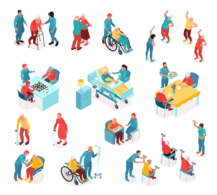 Nursing home isometric set with staff monitoring disabled patients and elderly people playing sport exercises or board games isolated vector illustration