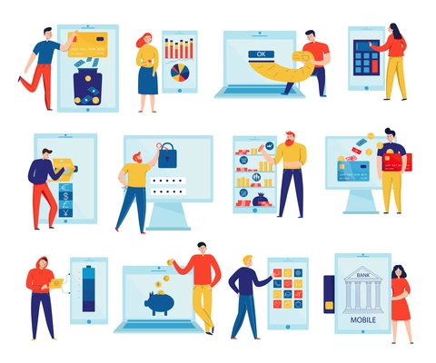 Colorful flat icons set with people paying bills and checking accounts through online banking isolated vector illustration