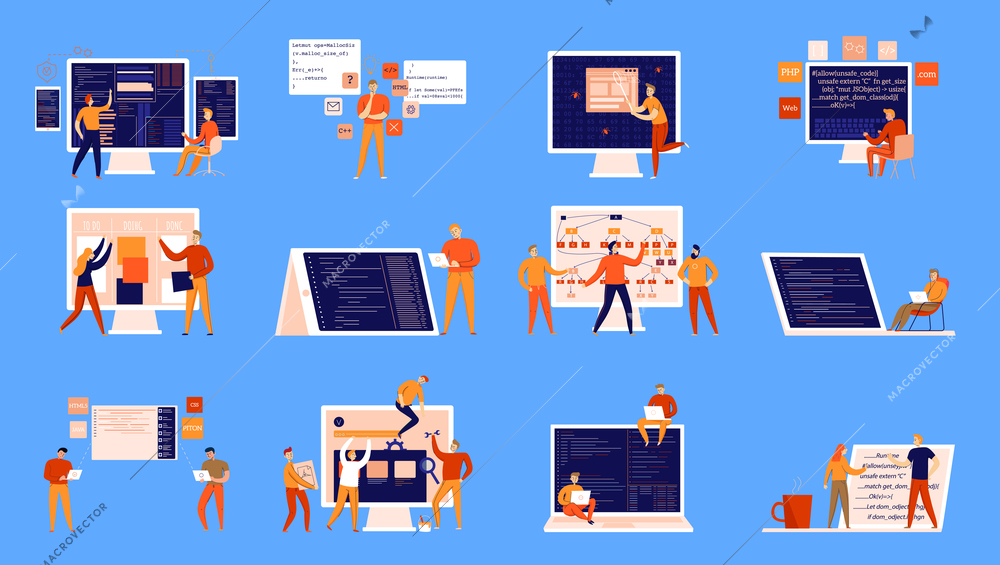 Flat set of colorful icons with programmers working on computers isolated on blue background vector illustration