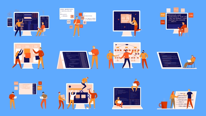 Flat set of colorful icons with programmers working on computers isolated on blue background vector illustration