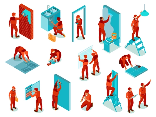 Home repair isometric color set with worker in red uniform performing various works indoors isolated vector illustration