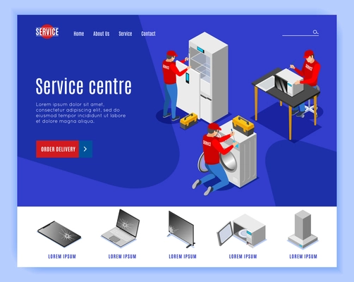 Service centre isometric landing page website design with editable text clickable links and images of items vector illustration