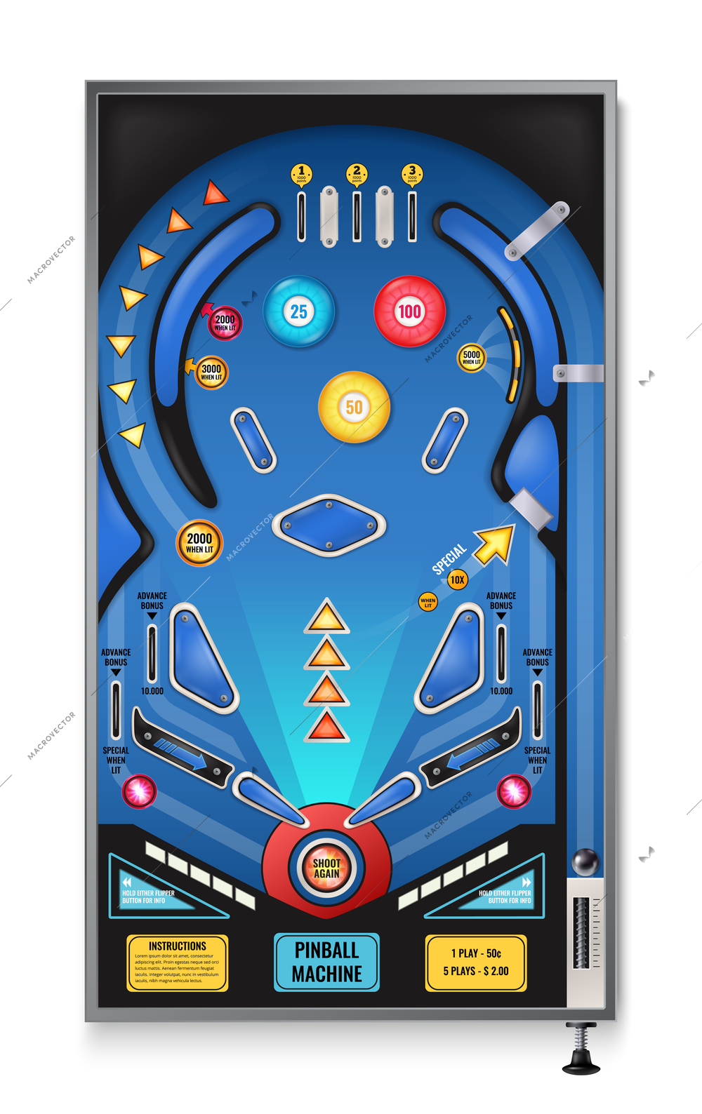 Pinball game machine realistic top view with shoot again blinking lights play field ramps spinners vector illustration