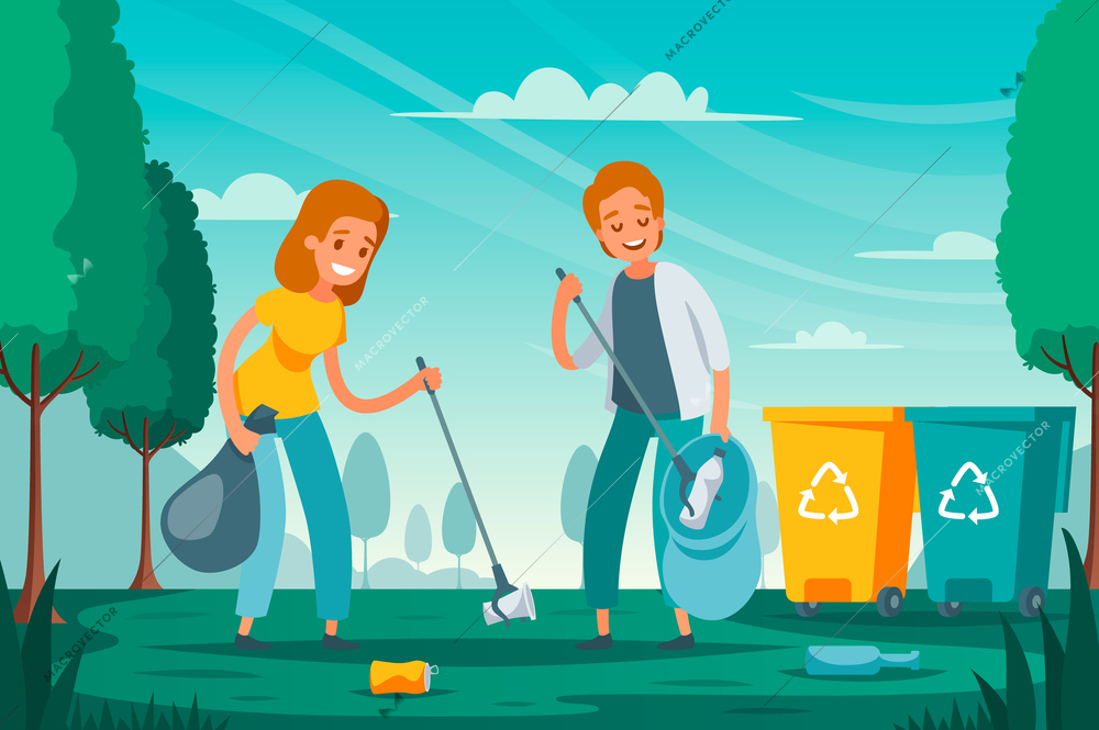 Modern garbage collection waste sorting flat composition with volunteers picking up litter junk left outdoor vector illustration