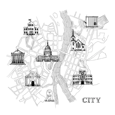 Information city map for travel navigation with icons of school prison church bank theater university museum vector illustration