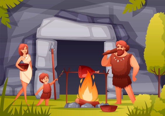 Stone age prehistoric family cooking meat over open fire in front of cave entrance flat composition vector illustration