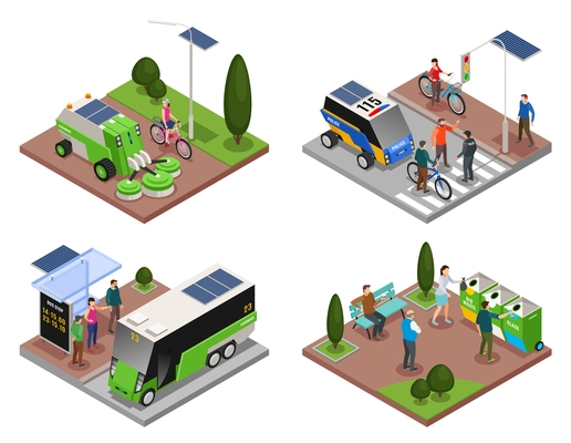 Smart urban ecology isometric 4x1 set of four compositions with electric vehicles refuse bins and people vector illustration