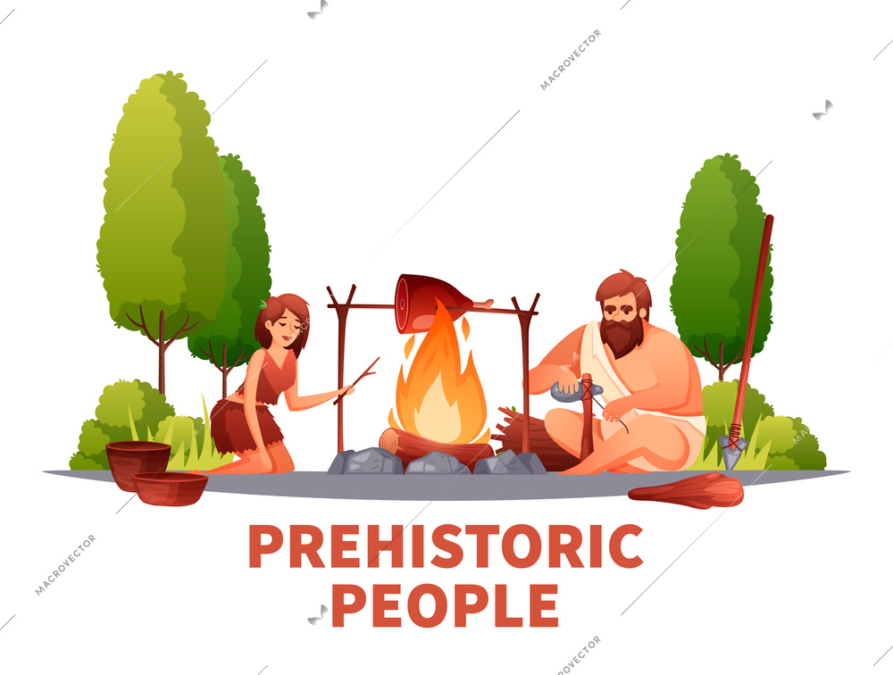 Prehistoric people caveman flat composition with stone age couple cooking meat over open fire outdoor vector illustration