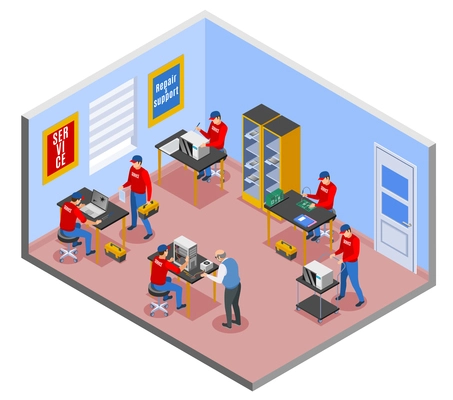 Service centre isometric composition with indoor view of repair shop room interior with working people characters vector illustration