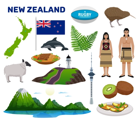 New Zealand tourism set with nature and food symbols flat isolated vector illustration