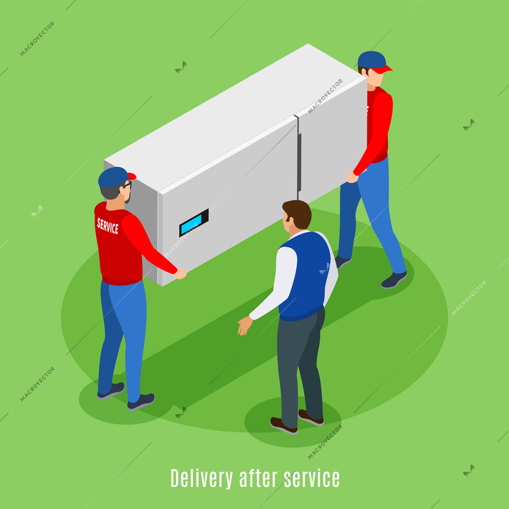 Service centre isometric background with text and human characters of servicemen carrying fridge with house master vector illustration