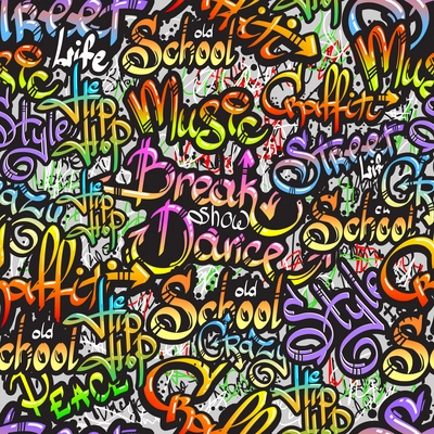 Graffiti spray paint expressive street crazy dance show words design seamless colorful pattern sketch grunge vector illustration