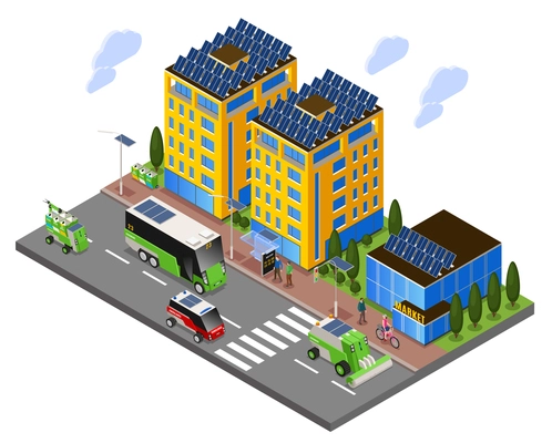 Smart urban ecology isometric composition with street view of solar energy powered buildings and electric transport vector illustration
