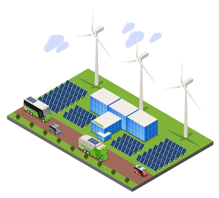 Smart urban ecology isometric composition with outdoor scenery and solar battery field with windmills turbine towers vector illustration