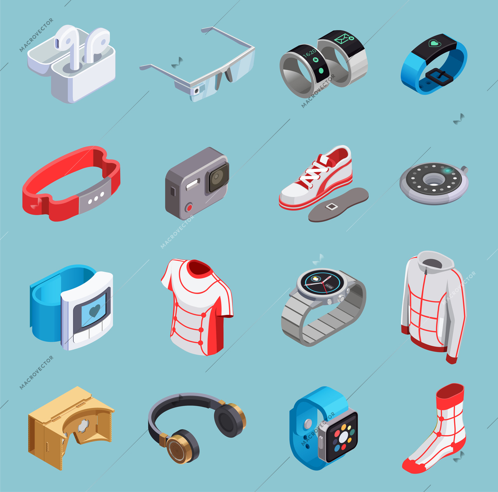 Wearable technology sensor tracking activity gadgets clothes accessories shoes vr kit isometric icons set isolated vector illustration