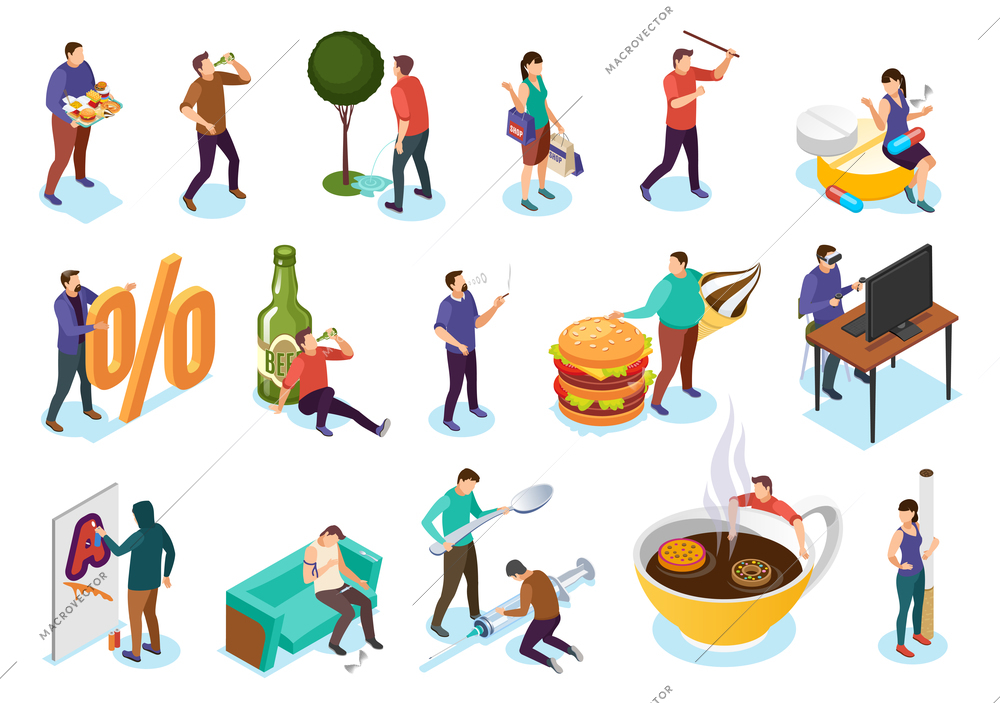 Isometric bad habits addiction set with isolated images icons of people and objects of their addiction vector illustration