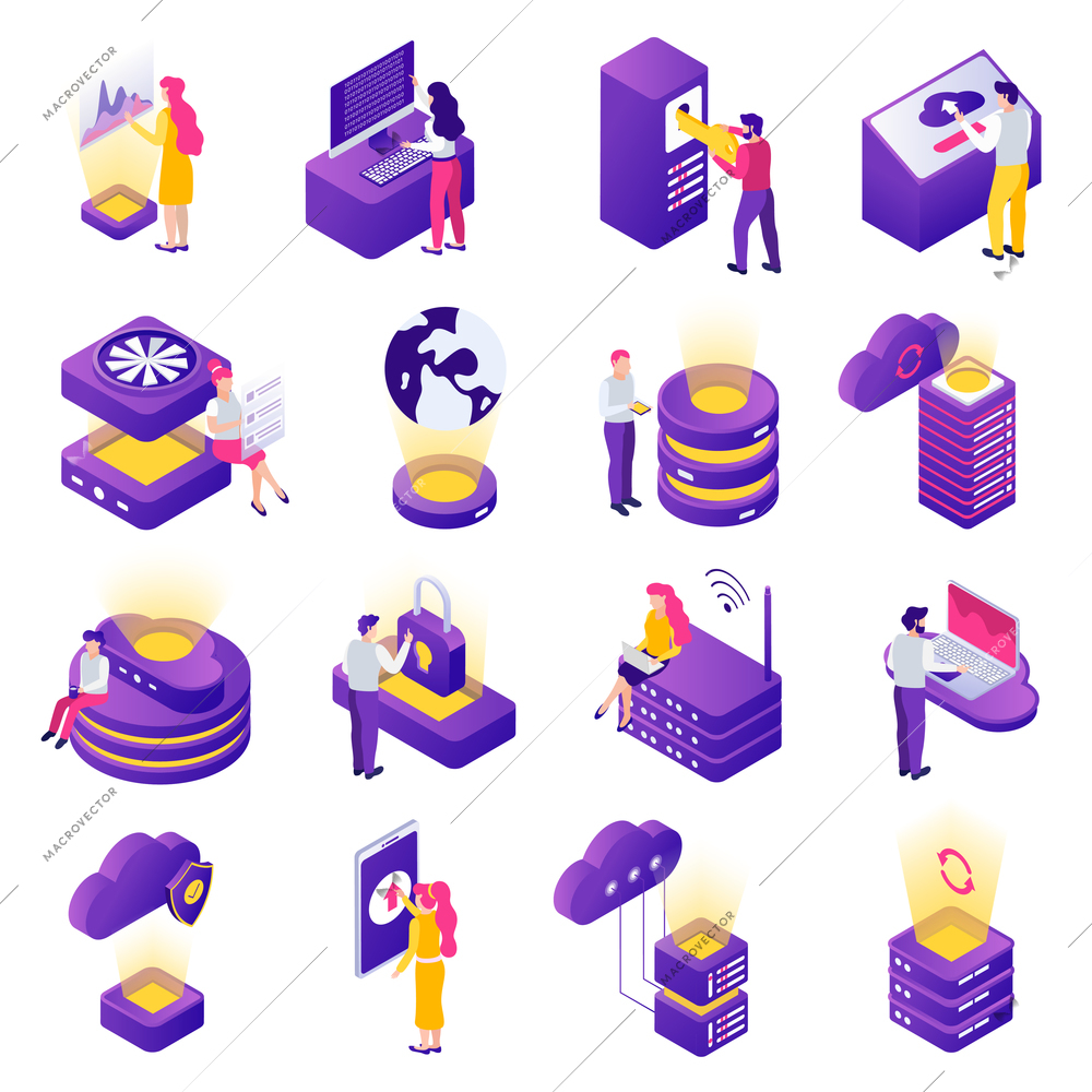 Datacenter isometric icons set with secure cloud storage data access worldwide online safety symbols isolated vector illustration