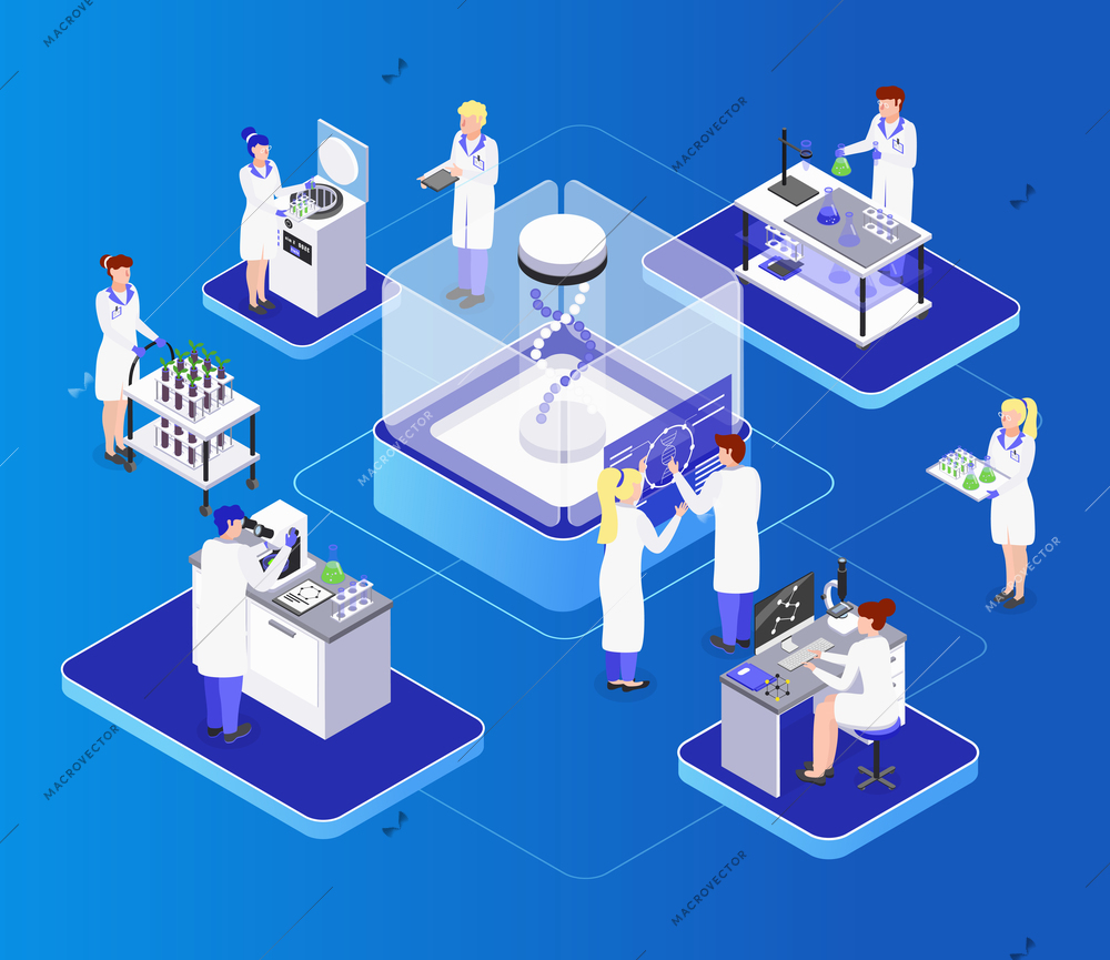 GMO bio engineering isometric composition with biochemical laboratory organisms dna manipulation improving their nutrition value vector illustration