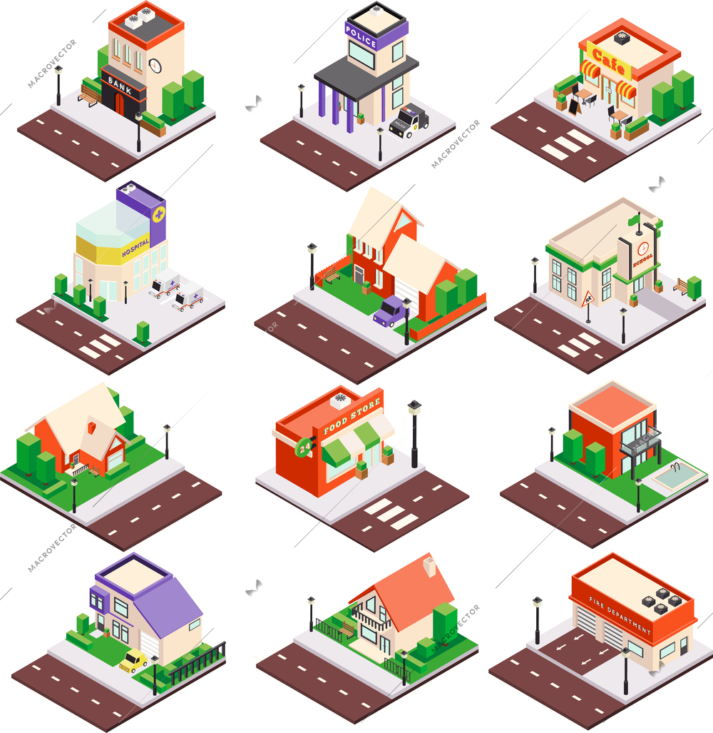 Modern city architecture isometric buildings collection with residential houses cafe police station bank hospital isolated vector illustration