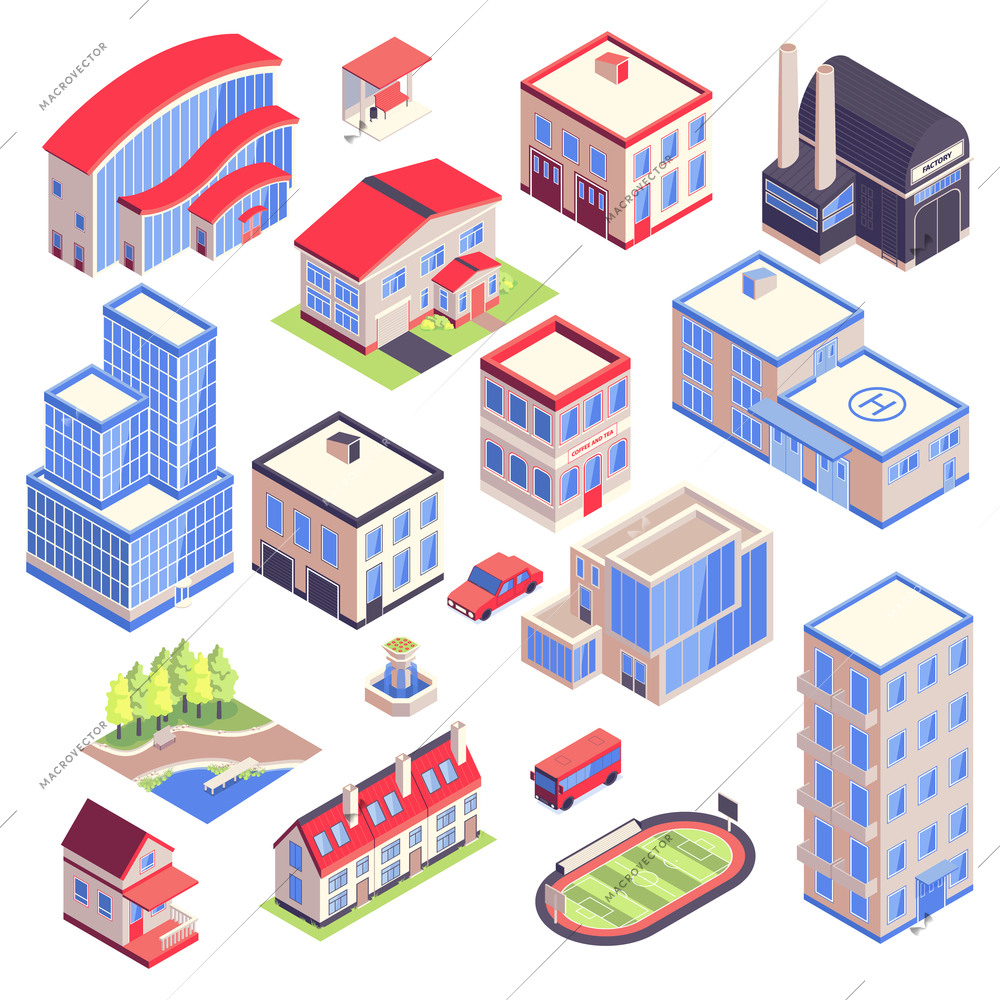 Isometric urban transport architecture environment set with isolated images of modern city buildings with different functions vector illustration