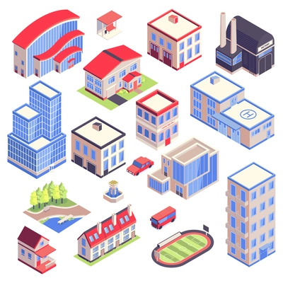 Isometric urban transport architecture environment set with isolated images of modern city buildings with different functions vector illustration