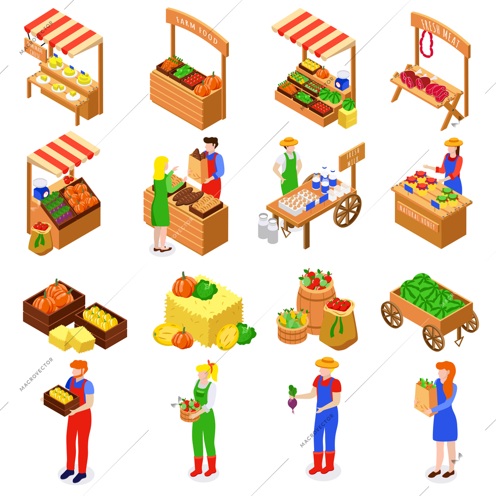 Farmers market homegrown organic food  display booths stands with meat fruits vegetables eggs isometric set vector illustration