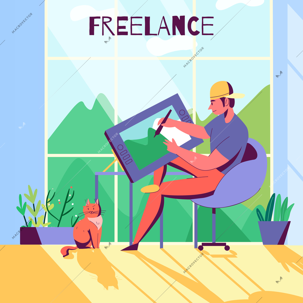 Creative profession flat composition with freelancer designer working at home vector illustration