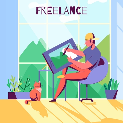 Creative profession flat composition with freelancer designer working at home vector illustration