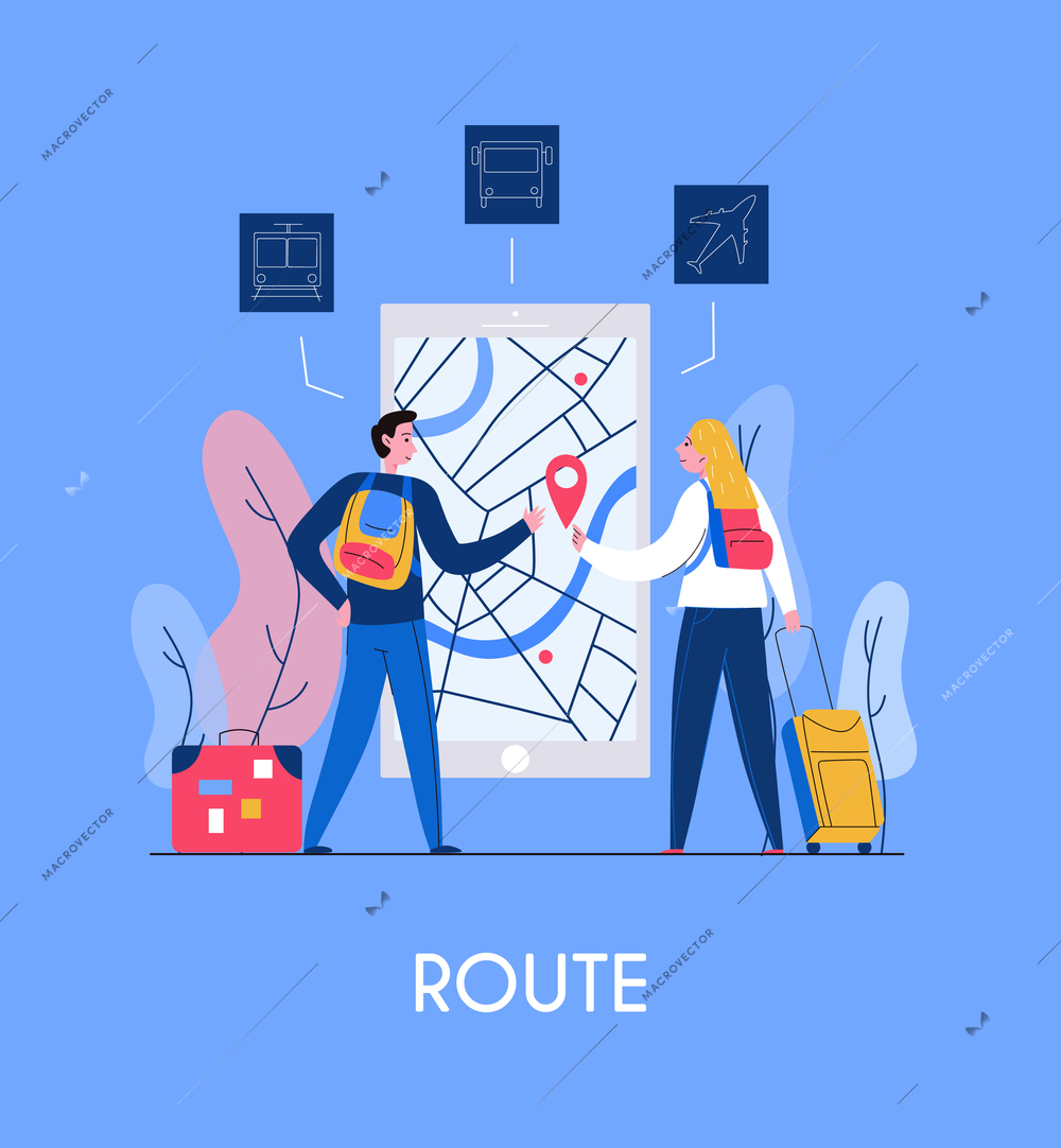 Two tourists and tourism mobile application interface with maps and navigation flat vector illustration
