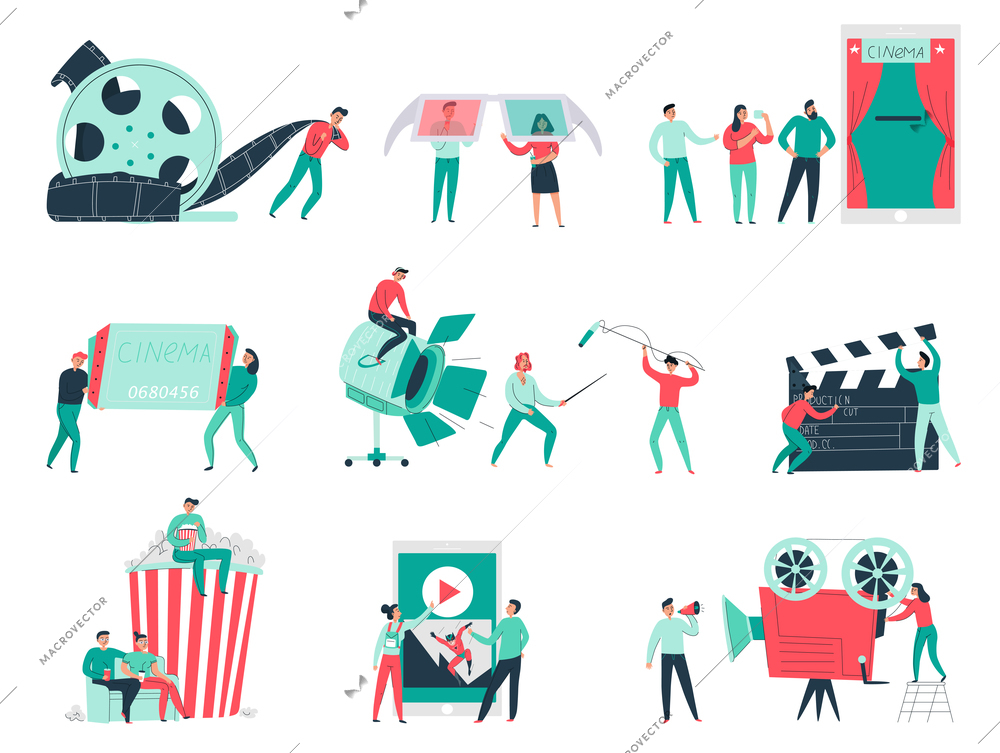 Cinema flat icons set with film making team various equipment and audience isolated on white background vector illustration