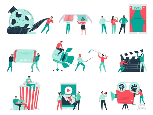 Cinema flat icons set with film making team various equipment and audience isolated on white background vector illustration