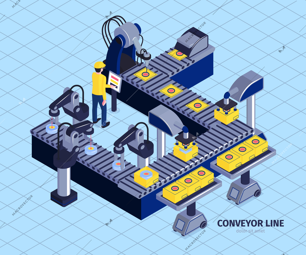 Isometric robot automation conveyor factory composition with image of automated assembly line with robotic arm manipulators vector illustration