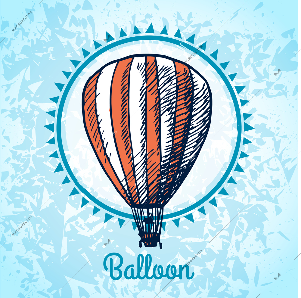 Sketch hot air balloon badge on blue background poster vector illustration