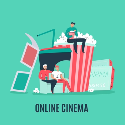 Cinema flat composition with popcorn tickets 3d glasses and people watching film online vector illustration