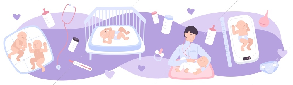 Pediatrics flat composition with sucklings lying on changing tables and pediatrician examining newborn vector illustration