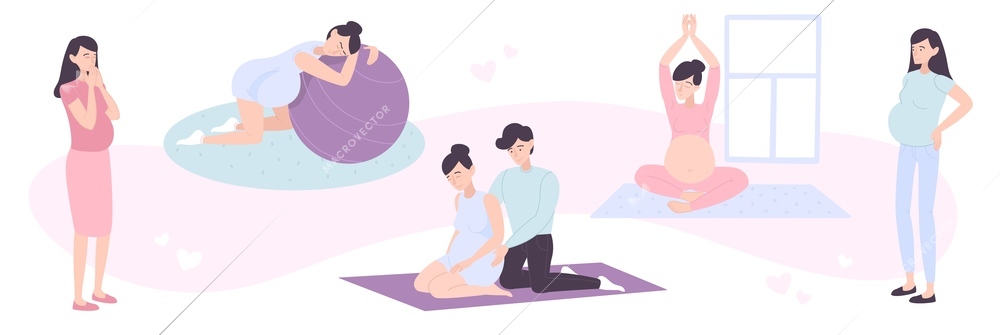 Healthy pregnancy flat design concept with young pregnant women doing yoga and fitness exercises vector illustration