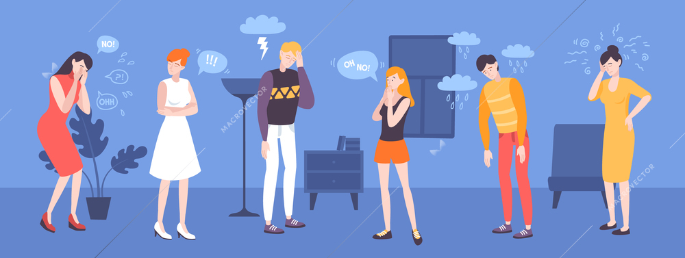 Sad people flat set of male and female characters experiencing negative emotions vector illustration