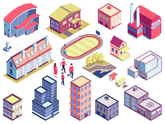 Isometric urban set with isolated images of people modern architecture and city buildings for different purposes vector illustration