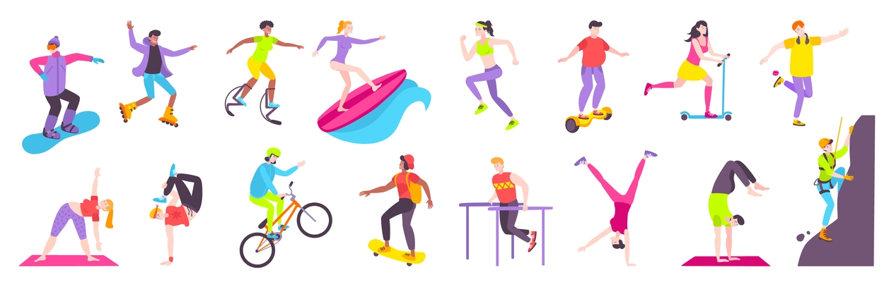 Street sport flat set with with teen characters doing outdoors fitness exercises riding bicycle self balancing scooter and skateboard vector illustration