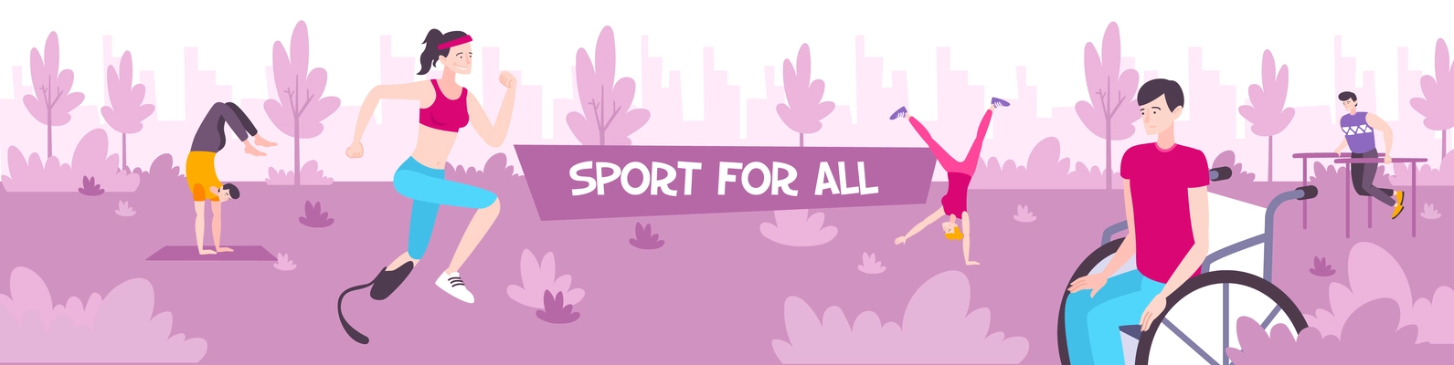Sport for all horizontal banner with male and female teens training outdoor on walk in city park flat vector illustration