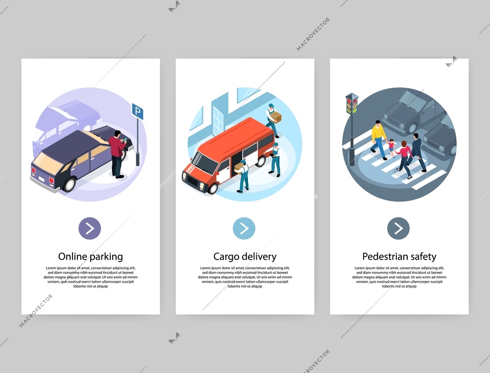 City concept 3 vertical isometric banners  with online parking cargo delivery safe pedestrian zebra crossing vector illustration