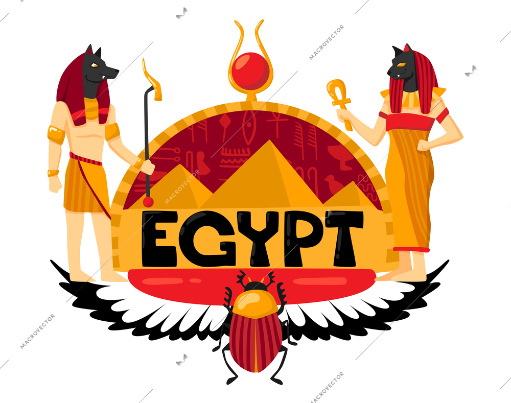 Egypt logo composition with ornate text authentic symbols and hieroglyphics with wings and patron gods characters vector illustration