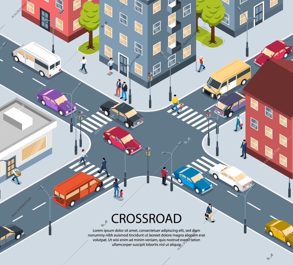 City town four way intersection crossroad isometric view poster with traffic lights pedestrian zebra crossing vector illustration