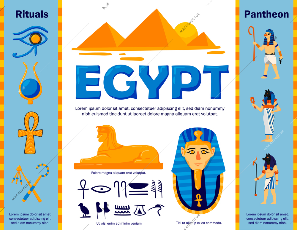 Egypt flowchart composition with authentic egyptian symbols and ancient characters with editable text captions and signs vector illustration