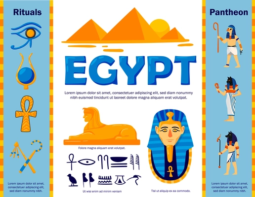 Egypt flowchart composition with authentic egyptian symbols and ancient characters with editable text captions and signs vector illustration