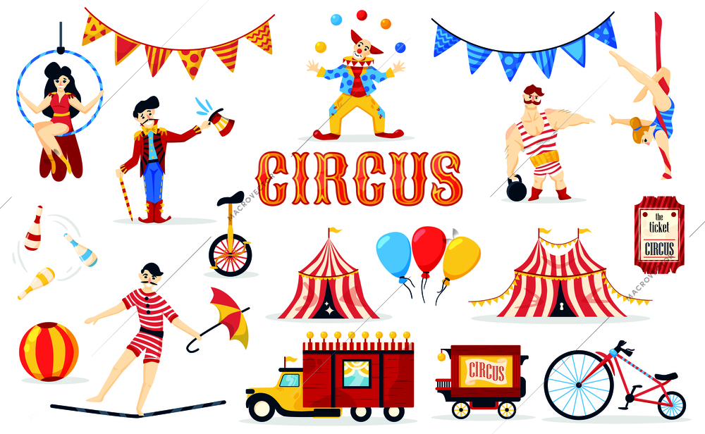 Circus set with isolated images of cartoon style performer characters tickets flags and circus big tops vector illustration