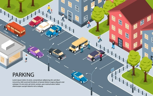 Modern city town residential area apartment district parking lot isometric view poster with informative text vector illustration