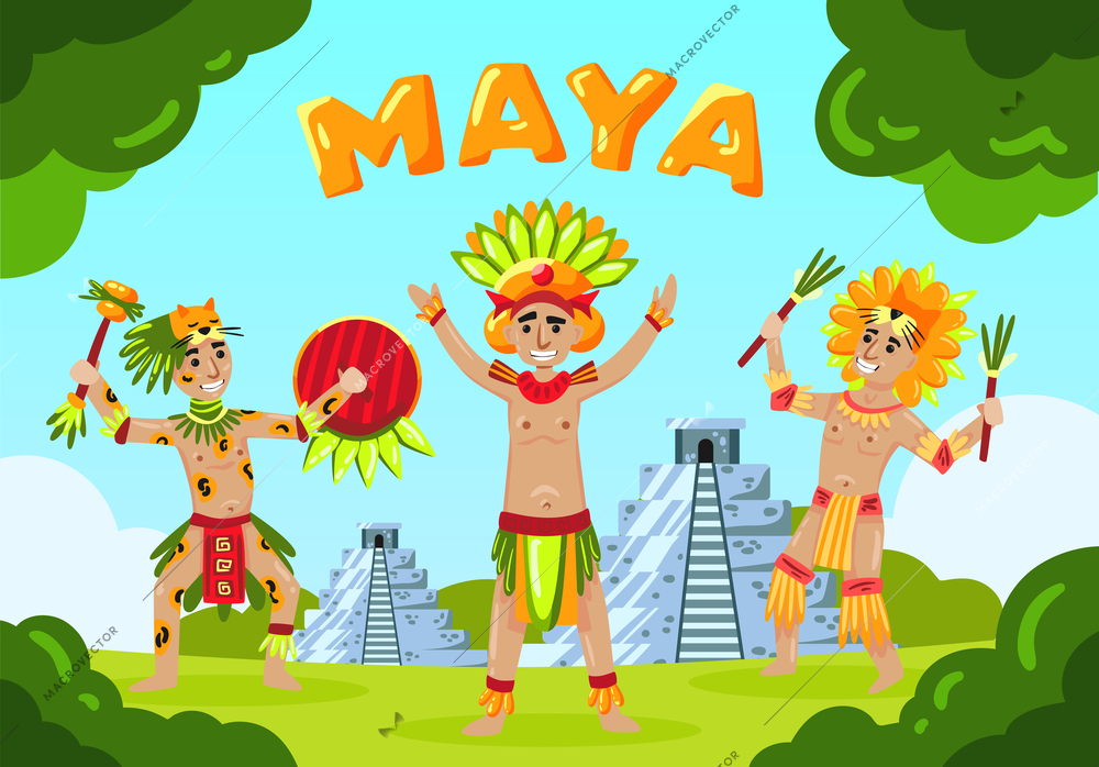 Maya civilization landscape composition with text and cartoon style mayan tribe members in front of pyramids vector illustration