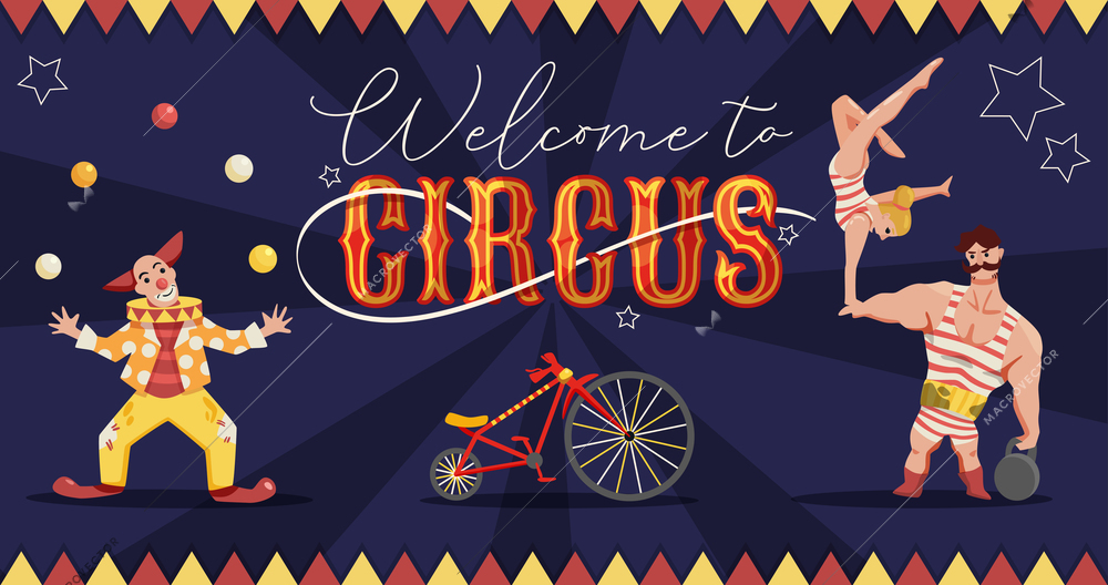 Circus horizontal composition with ornate text and colourful images human characters of performers with star signs vector illustration